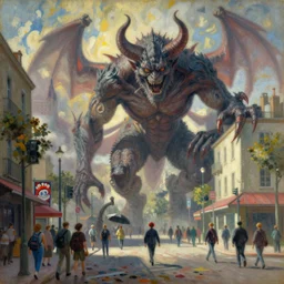 Jollibee City after the swag demons attacked, street scene, wide shot, by Moebius, Renoir