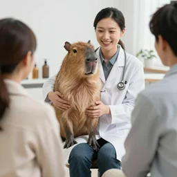 a doctor capybara with a lab coat and a stethoscope attending patients