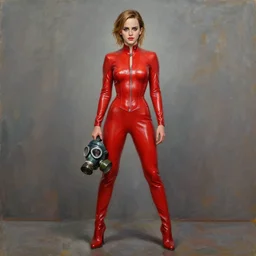 full length oil painting of emma watson in slick red latex suit, holding a gas mask. safe for work!