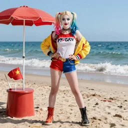 portrait Harley Quinn as sea lifeguard on the beach, full length shot, shining, 8k highly detailed, sharp focus, illustration, art by artgerm, mucha, bouguereau