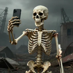 realistic skeleton taking a selfie after the apocalypse