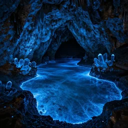 glowing blue bioluminescent water in a beautiful cave filled with crystals, photorealistic, 4 k