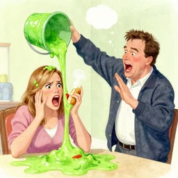 john voight pranking jane lynch, green slime bucket, throwing slime at her, jane lunch is furious, steam coming out her ears, john voight is giddy, ps 2 graphics, water colour style