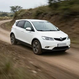apple car, called icar, white, smooth, driving fast down the muddy hill