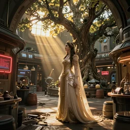 a beautiful futuristic god queen exploring the interior of an old abandoned sci - fi marketplace an old oak tree grows inside the courtyard golden rays of sunlight enter through the window old red neon lights digital art trending artstation