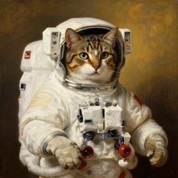 stately cat cosmonaut, proudly posing for a portrait, painted by rembrandt, intricate, detailed, atmospheric lighting, golden hour.