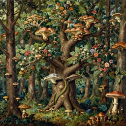 artistic multicolor veduta of a forest with floral oak treant adorned with fungi like mycelium branches highly detailed by Agostino Arrivabene, Albert Bierstadt, Albert Koetsier and Agnes Lawrence Pelton:3, trees covered with various mushrooms:1, brown:-1