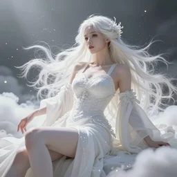 a beautiful female goddess of the white character, character is in all its glory, character is in her natural relaxed pose, rim lights, particles and dust in the air, fancy clouds, highly detailed professional photo, dynamic lights, particles are flying, depth of field, trending on artstation, professional illustration, hyper realistic, vray caustics, super detailed, colorful accents, cinematic shot