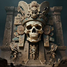 cinematic digital painting of cyberpunk skull mayan god of death temple by filipe pagliuso and justin gerard symmetric fantasy highly detailed realistic intricate port