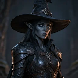 a female drow elf, dark grey skin, innocent look, wearing a witch hat, hunter, slick leather armor, style by donato giancola, wayne reynolds, jeff easley dramatic light, high detail, cinematic lighting, artstation, dungeons and dragons