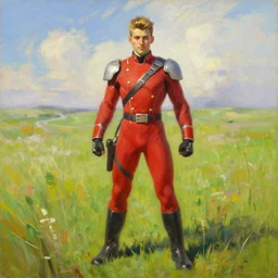 oil painting of tracer overwatch in a field of grass wearing red uniform, in style of ivan aivazovsky, detailed face, detailed eyes, full body