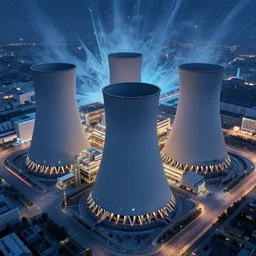 aerial view of a combined cycle powerplant, masterpiece, mattepainting concept blizzard pixar maya engine on cold night stylized background splash comics global illumination lighting artstation lois van baarle, ilya kuvshinov, rossdraws