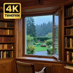 photo of a beautiful wooden study room with a window with a view of a rainy garden and a european forest in the background,it's getting dark, beautful view,winning award photo,4k