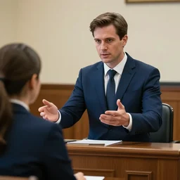 A white man wearing a dark blue suit in court defending his client, hyper, realistic, super detailed, 8k, HDR, realistic lighting and shading