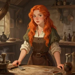 young Natalie Postman as an orange-red haired  a  innkeeper in a tavern, fantasy concept art by Greg Rutkowski