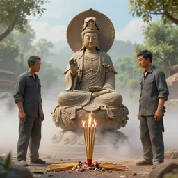 post design craig mullins and wenjun lin digital illustration of burning joss sticks ， clay statue of guanyin, fog, summer, unreal engine, hyper realism, realistic shading, cinematic composition, realistic render, octane render, detailed textures, photorealistic, wide shot