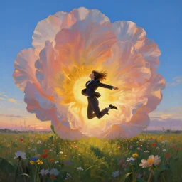 closeup, giant flower head, girl in suit jumping in field of flowers, surreal photography, sunrise, blue sky, dramatic light, impressionist painting, digital painting, artstation, simon stalenhag