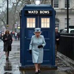 Surveillance footage of Queen Elizabeth II walking out of the Tardis on a dark rainy London street, 4k