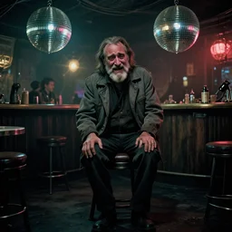 the full - body shot of drunk crying old wrinkled unkempt drunkard ( ( joaquin phoenix ) ) with sideburns beard worn in grey jacket in dark steampunk fallout disco bar, cinematography of christopher doyle, frostpunk, neon gloomy light, discoball reflections, anamorphic, optical flares, kodak film, sharp focus, 8 k