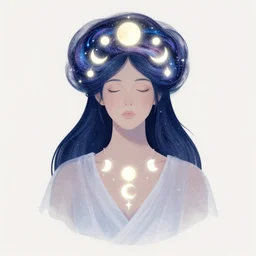 a portrait of a universe as an androgynous druid spirit wearing a glowing crown of swirling galaxies colliding, seven necklaces of moons and stars, draped in transparent cloth, flat colors, occult, minimal, swirly, bust by alphonse mucha, decorative art deco border, astrophotography, vast cosmos, digital illustration overlayed on photography, trending on artstation
