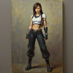 a fullbody oil on canvas portrait of tifa from final fantasy 7 remake, trending on artstation, on canvas, very detailed, 8k, painted by leonardo davinci, full legs, masterpiece