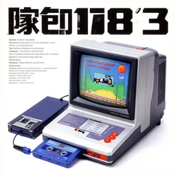 full - color 1 9 8 3 magazine advertisement for a retro - futuristic cartridge - based video - game console with an external floppy - disk drive, which is displaying a pixel - art game on a small crt monitor. cassette - futurism ; cassette - punk ; retrofuturism.