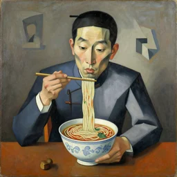 surrealist painting, chinese man eating noodles, cubism