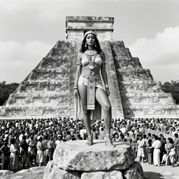 full body photo portrait of ancient attractive provocative inca beauty on top of the stone aztec pyramid as a priest at crowded sacrifice ritual , masses of people in the distance , old photo, highly detailed, fashion photography,award winning photo, black and white, by Annie Leibovitz, Ansel Adams, Dayanita Singh