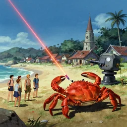 establishing shot of a village near a beach and a gigantic crab crawling towards village, [ laser ] [ turret ] [ attached ] to crab, by ralph mcquarrie, by steve argyle by tyler jacobson by peter mohrbacher, cinematic lighting