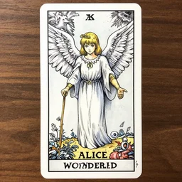 Angel Alice in wonderland tarot card , pen and ink, intricate line drawings, by Yoshitaka Amano, Ruan Jia, Kentaro Miura, Artgerm, watercolor