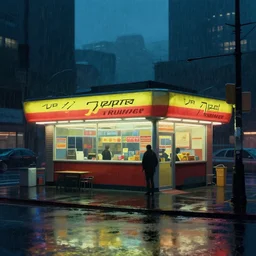 the only open cyberpunk blade runner fast food stand in the cyberpunk city during a melancholy rainy night by edward hopper