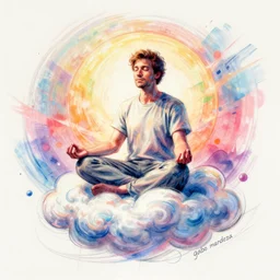 a sketch drawn, man sits on a cloud and meditates, beautiful colors, by gabo mendoza, trending on artstation