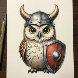 A highly detailed, cute anthropomorphic owl wearing a horned viking helmet and shield. Commission by Juliano.