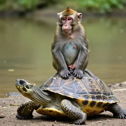 a monkey sitting on the back of a turtle