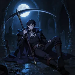 Albedo Overlord laying down leaning against a scythe | Somber moon | wet Dungeon Chamber | Moonlit Night | strong blue rimlit | visual-key | anime illustration by Danmachi | highly detailed