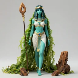 beautiful sorceress female with teal colored skin, full body shot, long hair made of kelp, egyptian clothing, with a wooden stuff, d & d, fantasy, hunter, intricate, elegant, teal skin, highly detailed, digital painting, artstation, concept art, matte, sharp focus, illustration, hearthstone, art by artgerm and greg rutkowski and alphonse mucha