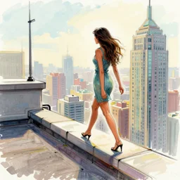 a colorful sketch, a woman with long hair dressed in a short dress walks along the edge of the roof of a skyscraper by gabo mendoza, trending on artstation