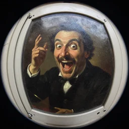 fisheye door peep hole photo of a orchestral conductor with crazy eyes grinning wildly, painting by rembrandt and goya