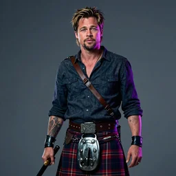 Brad Pitt in a kilt warrior, trending on artstation, punk attitude, 4k, unreal engine 5, octane render, neon highlights