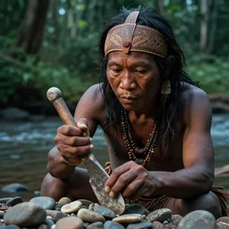 a ultra high resolution photo of asian prehistoric people make stone adze from pebble at the river bank in the rainforest, pretty and handsome face, high qulity realistic face, hyper - realistic, highly detailed, 8 k, cinematic lighting, global illumination, elegant, ornate, super detail, the light is dim, and the colours are muted. kodak etkar 1 0 0