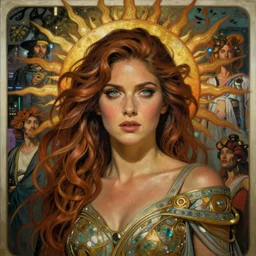 stunning, breathtaking, awe-inspiring award-winning concept art nouveau painting of attractive Sofia Vergara as the goddess of the sun, with anxious, piercing eyes, by Alphonse Mucha, Michael Whelan, William Adolphe Bouguereau, John Williams Waterhouse, and Donato Giancola, cyberpunk, extremely moody lighting, 8K