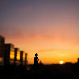 small figure of spanish woman on bakcground of sunset in plattenbau city