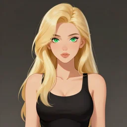 long shot of blonde girl in black top, and with green eyes, digital art, trending on artstation