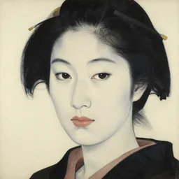 hyperrealism close - up portrait of a beautiful slavic woman, ivory background, in traditional japanese art style, pop art, by roy liechtestein, canvas, acrylic paint, dark and dull palette