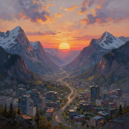 beautiful sunset over detailed cyberpunk suburb in a valley surrounded by epic mountains with snowtops, sharp, highly detailed, oil on canvas, kacper niepokolczycki