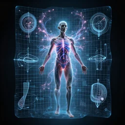 Satan, body works by Gunther von Hagens, infernal consciousness, transcendent, holographic projection, grid, glowing quark-gluon plasma, ethereal diagram schematic, octane rendered, 16k uhd