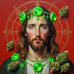 hyper realistic portrait painting of jesus christ ( intricate detail, hot neon green ornaments, marijuana ) wet, marijuana buds, by saturno butto, boris vallejo, austin osman spare and david kassan, by bussiere. occult art, occult diagram, red and green color scheme.