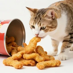 cat eating chicken tenders from chicken tenders bucket