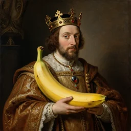 An painting portrait of a banana wearing medieval royal robes and an ornate crown, by Rembrandt