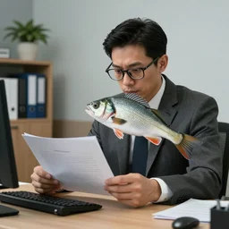 photo of a fish in a suit and glasses, reading a document at a desk in an office. Highly detailed 8k. Intricate. Sony a7r iv 55mm. Award winning.